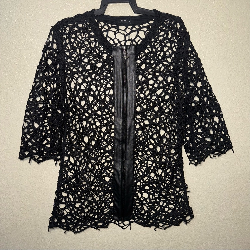 WHY DRESS Crochet Lace Top Women’s XL Black Sheer Goth Grunge Open Front Edgy